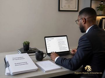 A man in a suit working on a laptop with documents on a desk.