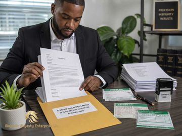 Man reviewing certified mail dispute documents at office desk.