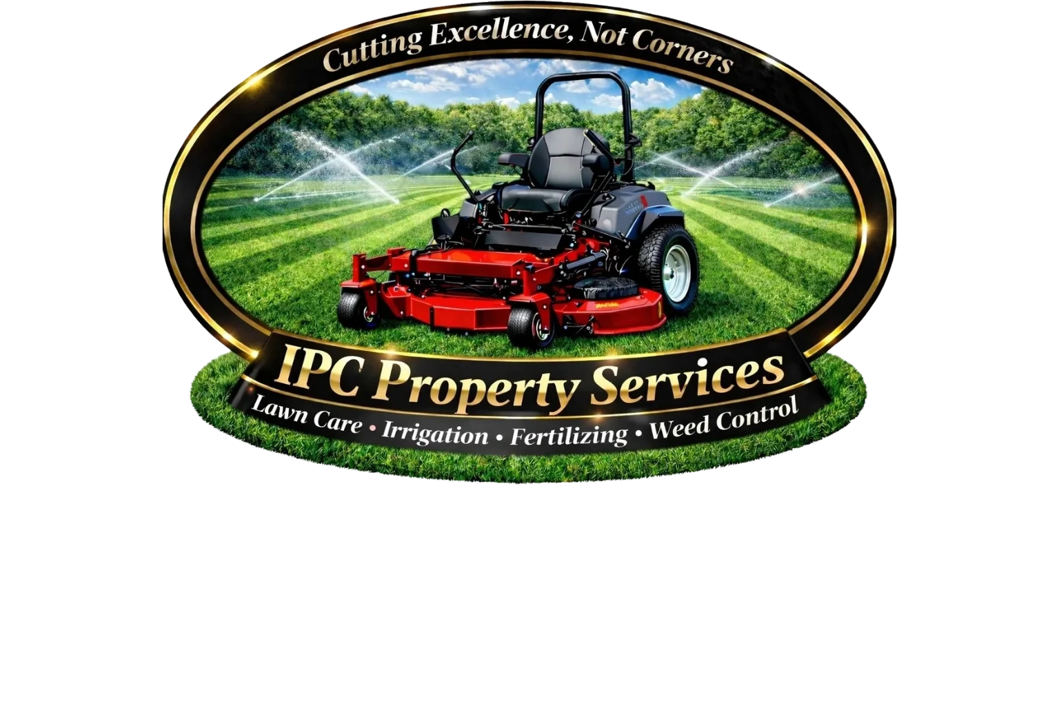 Logo for IPC Property Services featuring a lawn mower and sprinklers.