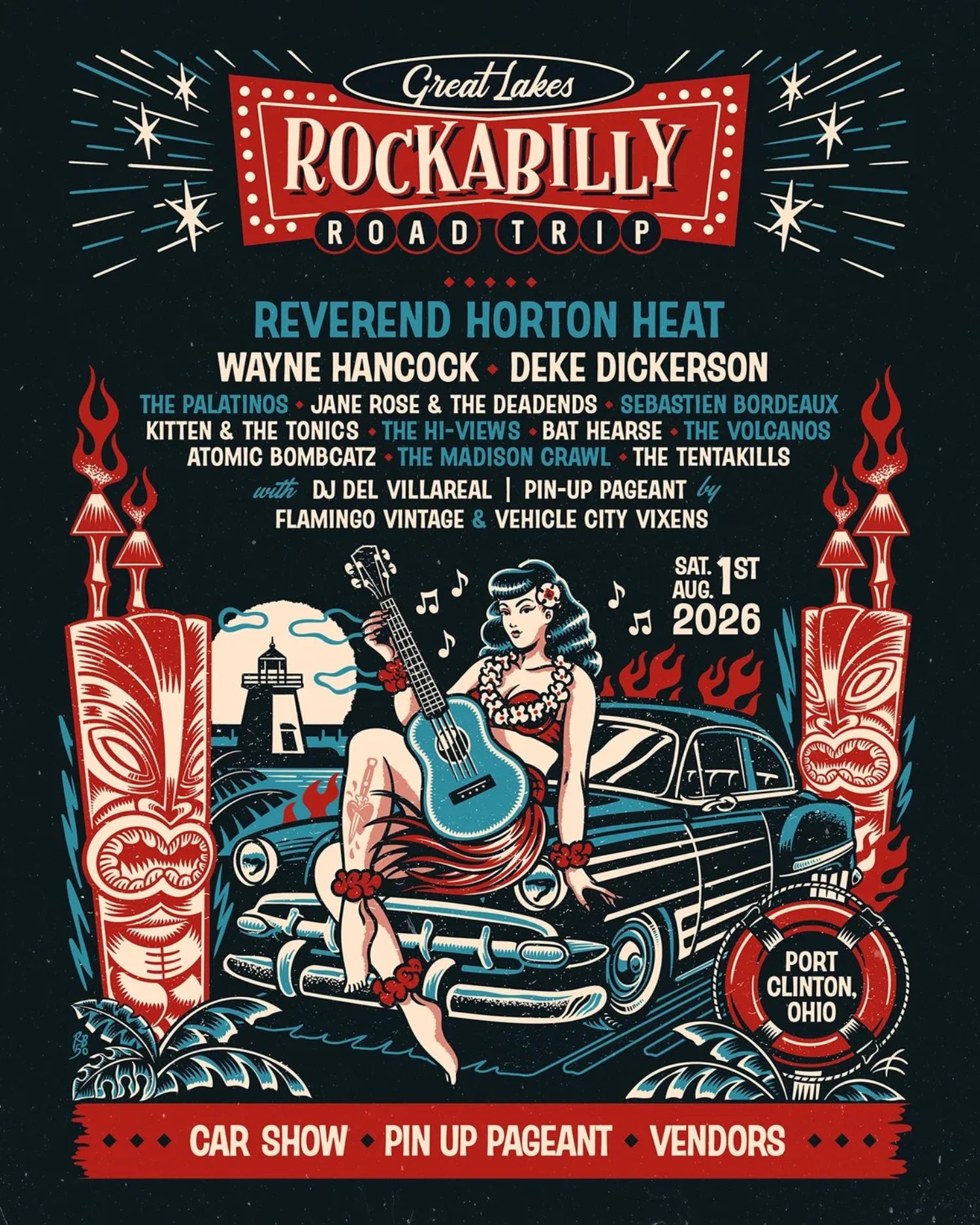 Vintage rockabilly poster featuring a pin-up girl, classic car, and tiki statues for a 2026 Ohio event.