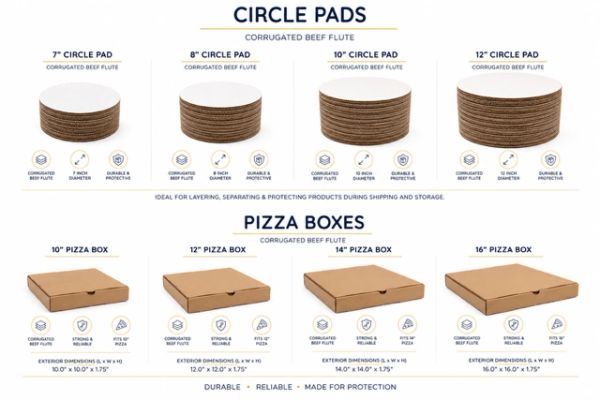 Circle pads and pizza boxes made from corrugated beef flute for protection and durability.