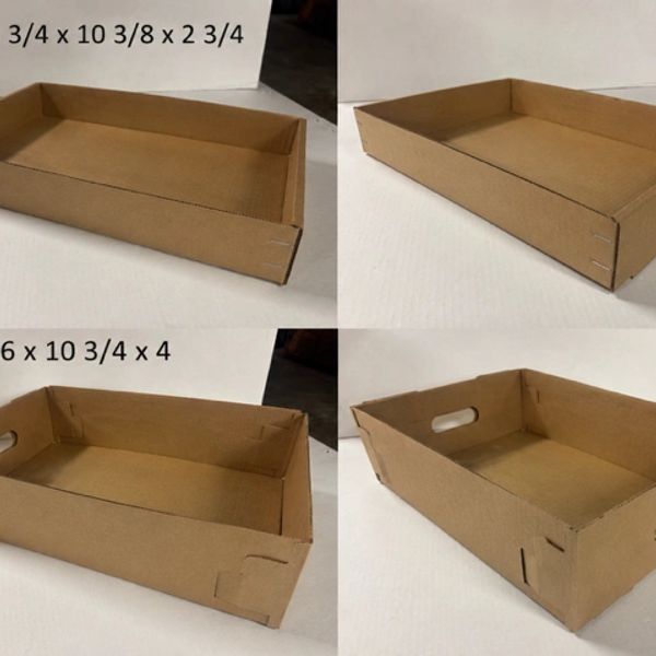 Two sizes of cardboard trays with dimensions labeled, one with handles and one without.