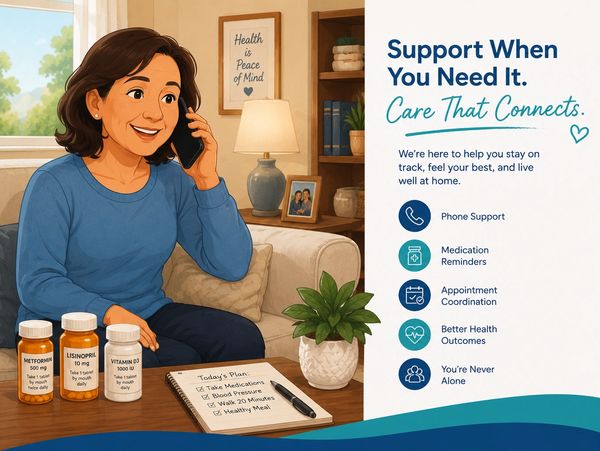 Woman receiving phone support for medication and health management at home.