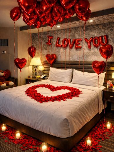 Romantic bedroom decorated with red balloons and rose petals.