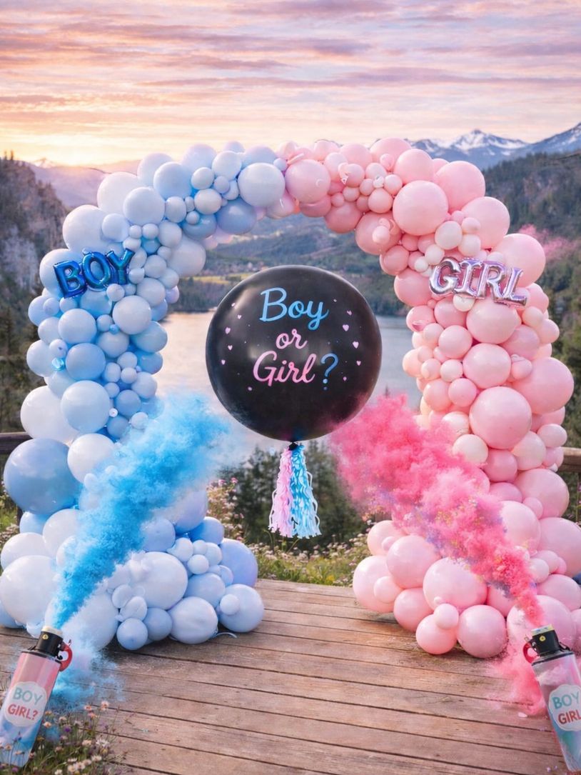 Gender reveal balloon arch with blue and pink balloons and colored smoke.
