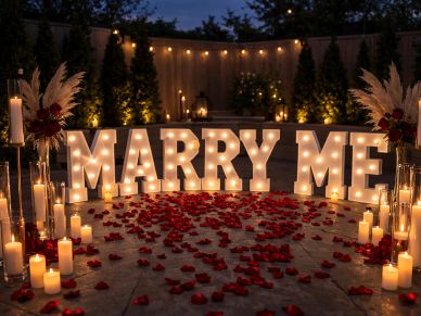 Romantic marriage proposal setting with lit letters and candles.