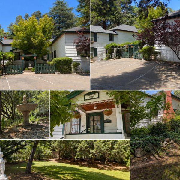 Collage of a peaceful house and garden with greenery and stone fountain.