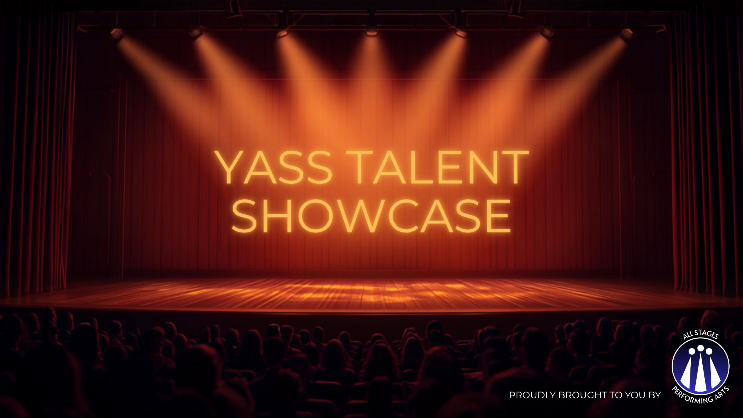 Stage lit with spotlights announcing the Yass Talent Showcase event.