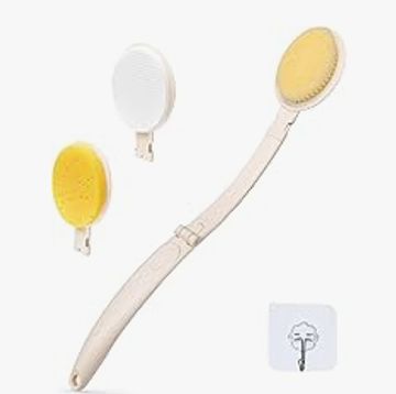 A long-handled scrub brush helps seniors reach their back, legs, and feet without bending or straini