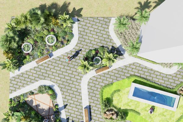 Top-down view of a landscaped garden with pathways, benches, and a swimming pool.