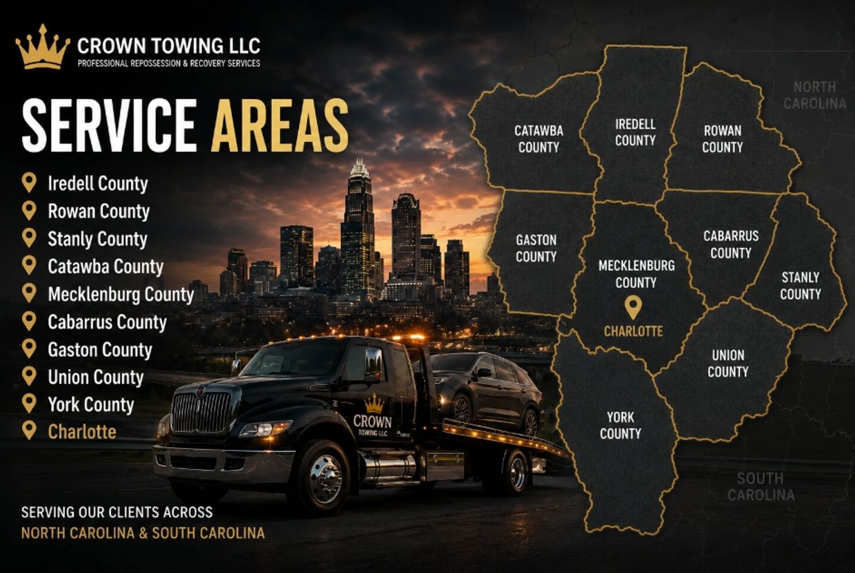 Map showing Crown Towing LLC's service area in Charlotte and surrounding North Carolina counties.