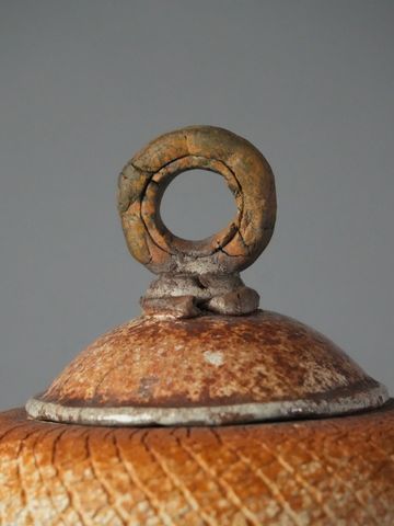 Close-up of a rusty metal cap with a circular handle on a textured surface.