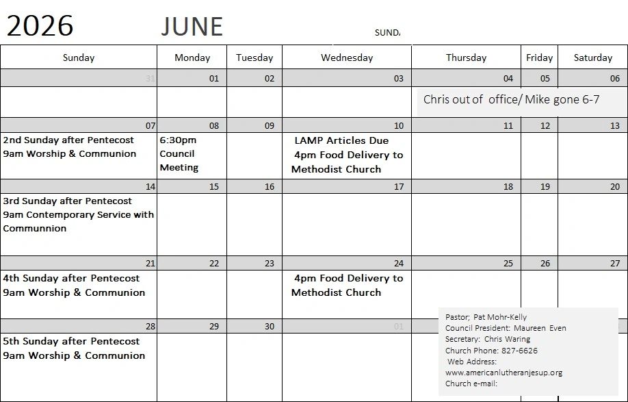 June 2026 calendar with worship, meetings, and food delivery events.