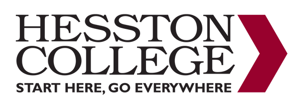 Hesston College logo with a red arrow and slogan.