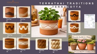 Terrathai Traditions terracotta pots with Thai-inspired designs for plants.