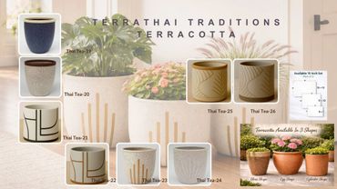 Terrathai Traditions terracotta pots with Thai Tea mug designs in various styles and sizes.
