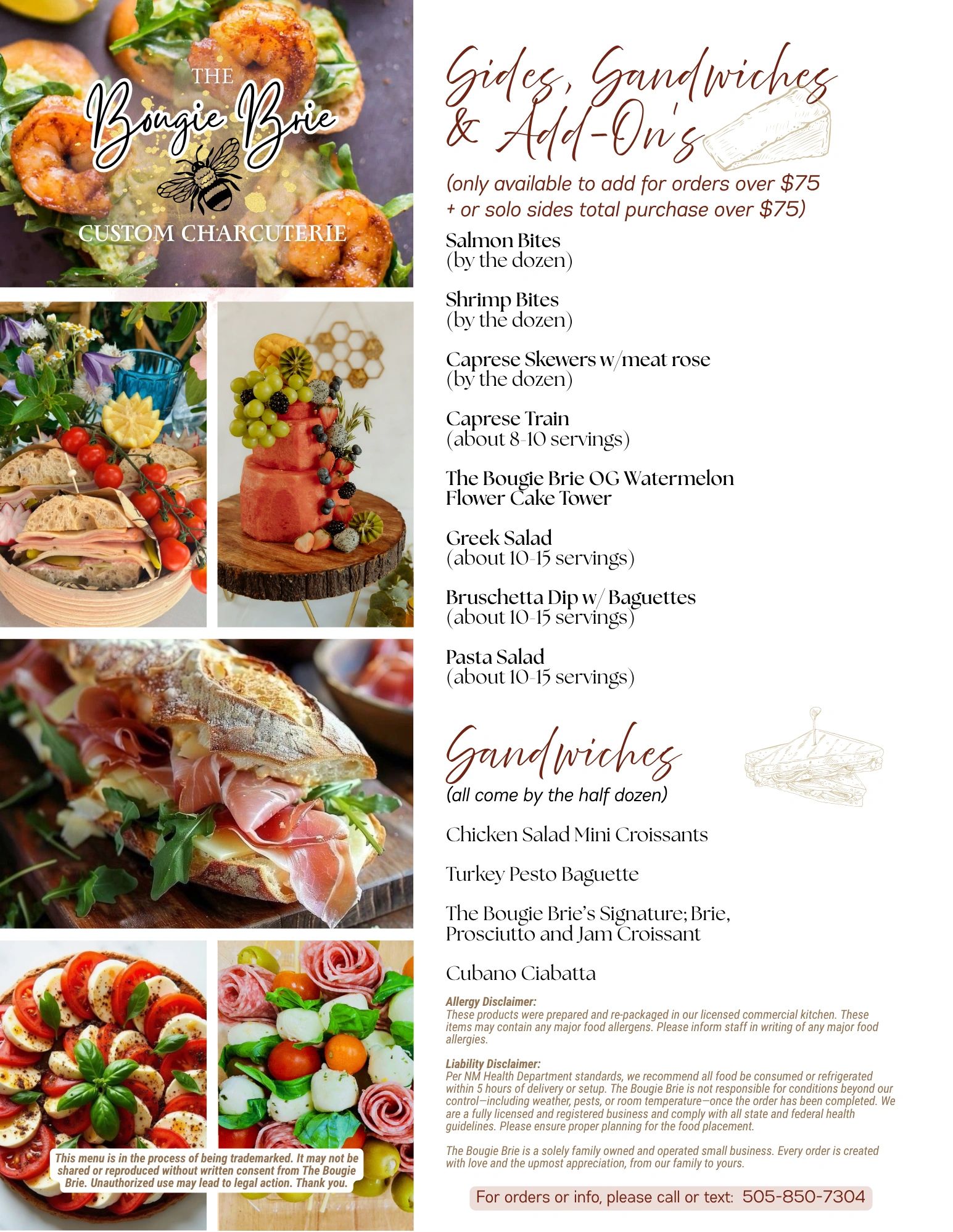 Custom charcuterie menu with sides, sandwiches, and add-ons for large orders.