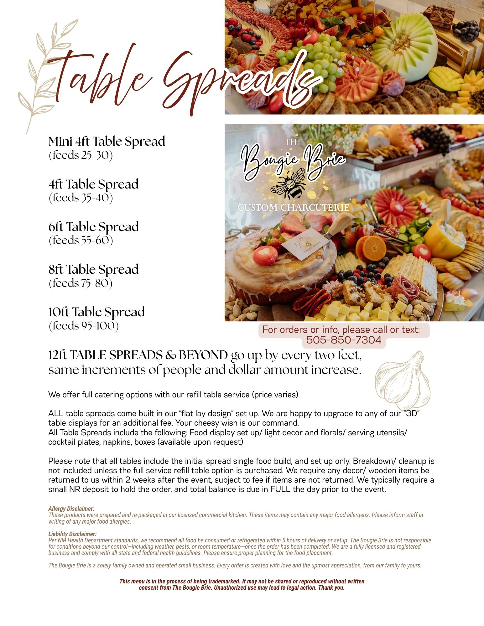 Menu for customizable table spreads with various sizes and catering options from The Bougie Brie.