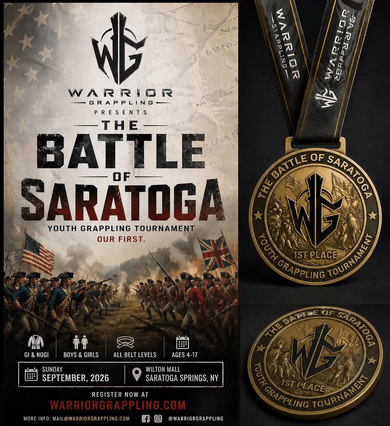 Poster and medals for The Battle of Saratoga youth grappling tournament in 2026.