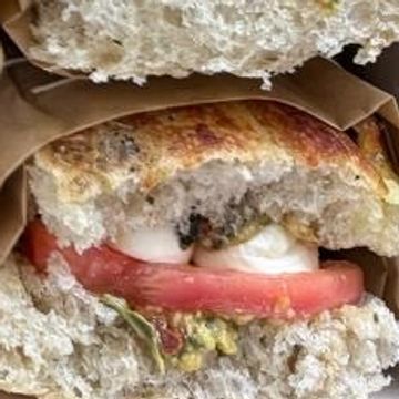 Close-up of a sandwich with tomato, mayonnaise, and guacamole in whole grain bread.