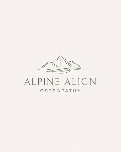 Minimalist logo for Alpine Align Osteopathy featuring mountain outlines.