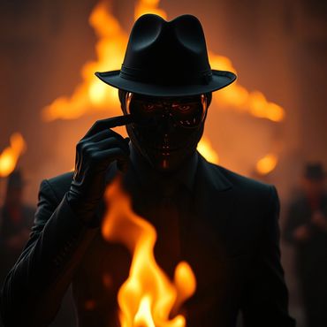 Mysterious figure in black with hat and mask amid fire.
