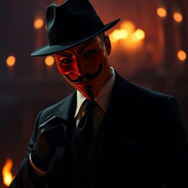 Mysterious figure in a suit and red mask with black gloves and hat.