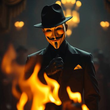 Person in a mysterious mask and hat by firelight.