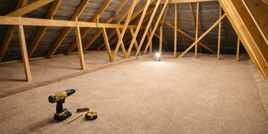 Empty attic with wooden beams and a drill set.
