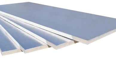 Stack of blue rectangular foam insulation boards.