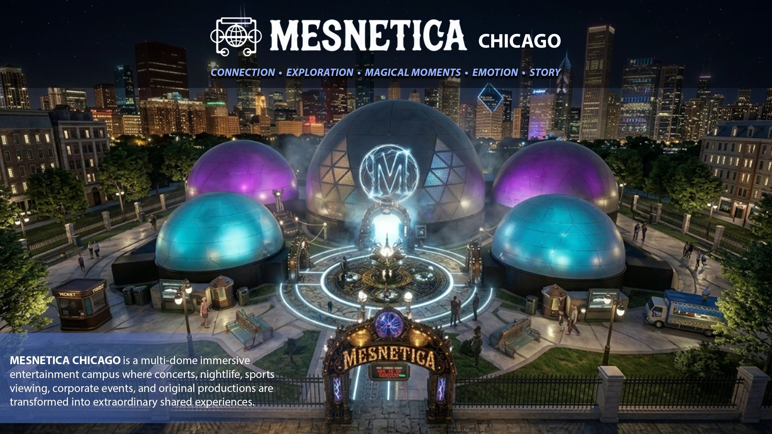 Mesnetica Chicago features colorful dome structures in a vibrant cityscape at night.