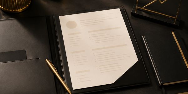 A sleek black portfolio with a golden pen on a desk.