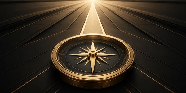 Golden compass pointing towards a distant light on a dark path.