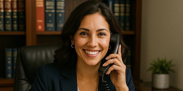 Profesional sonriente hablando por teléfono en oficina elegante.