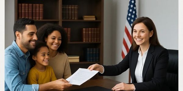 Una familia feliz recibiendo asesoría legal migratoria en una oficina pública.