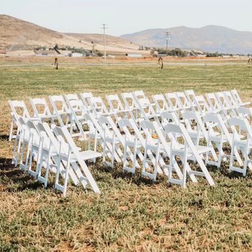 All white chairs with the perfect aesthetic for any style. 200 available 
Rent for 3$ a chair 