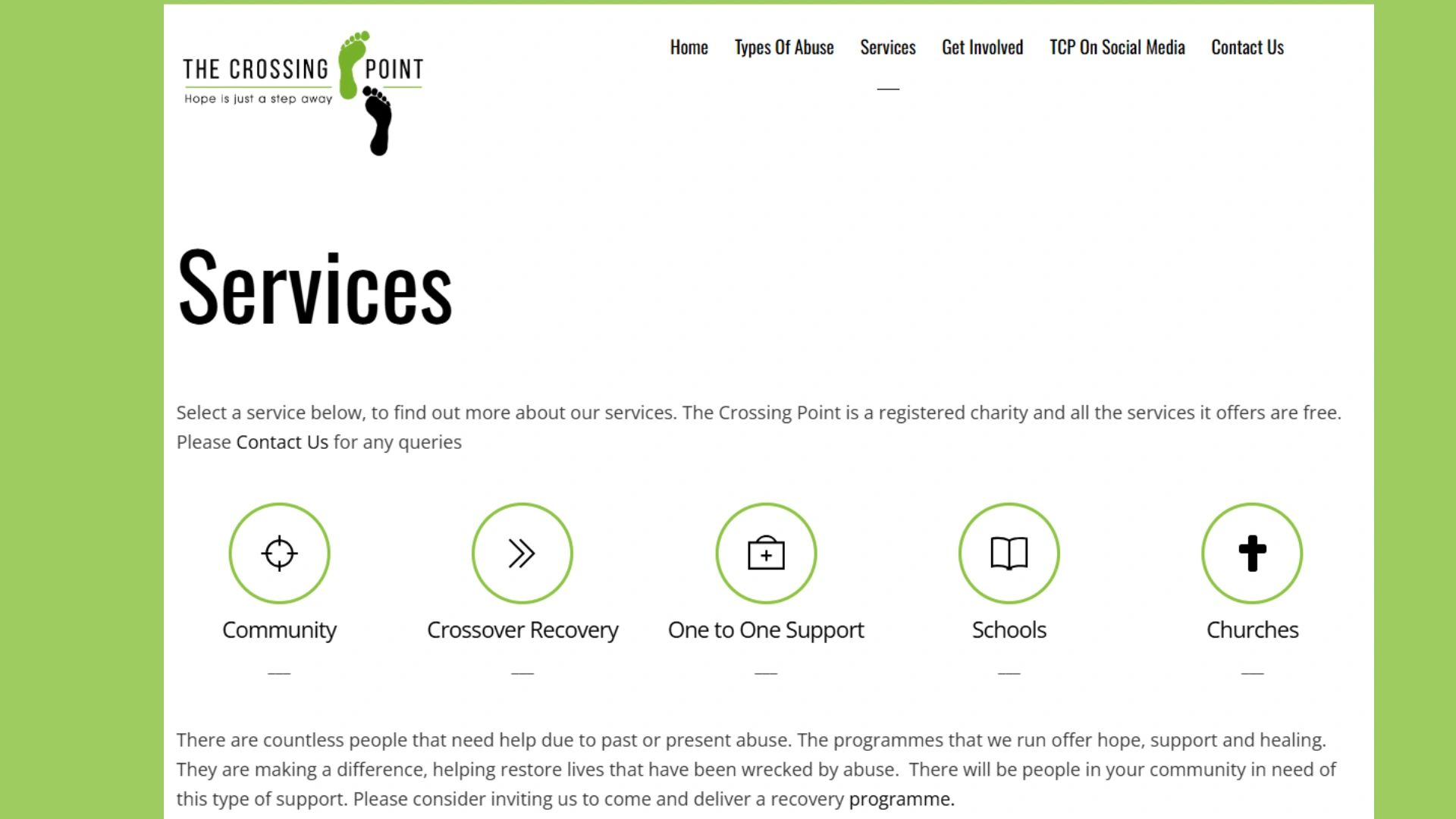 Website page from The Crossing Point Contains several icons outlining the support they offer