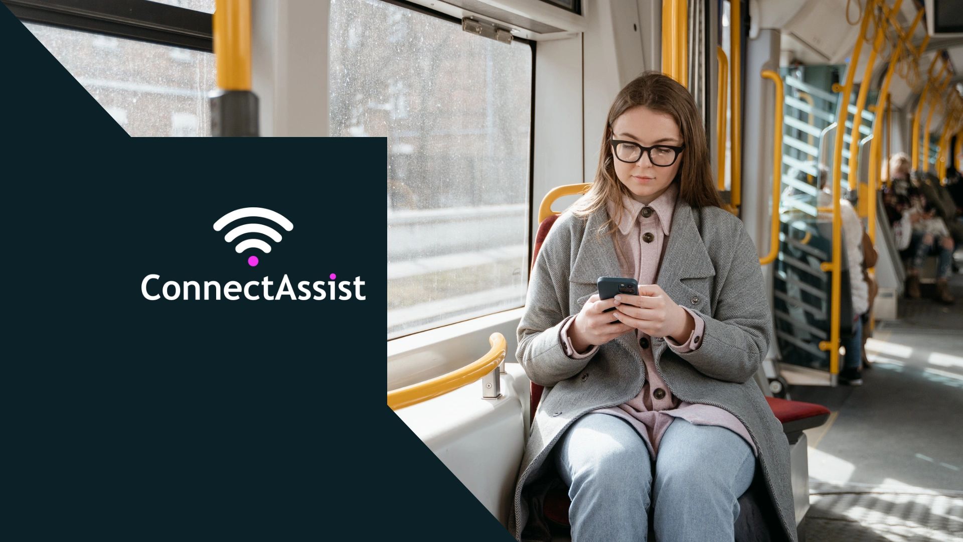 Woman using phone on public transit with ConnectAssist logo beside her.