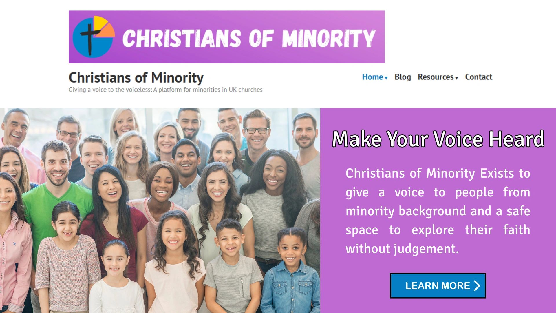 Website page from Christians of Minority with a large group of diverse people smiling