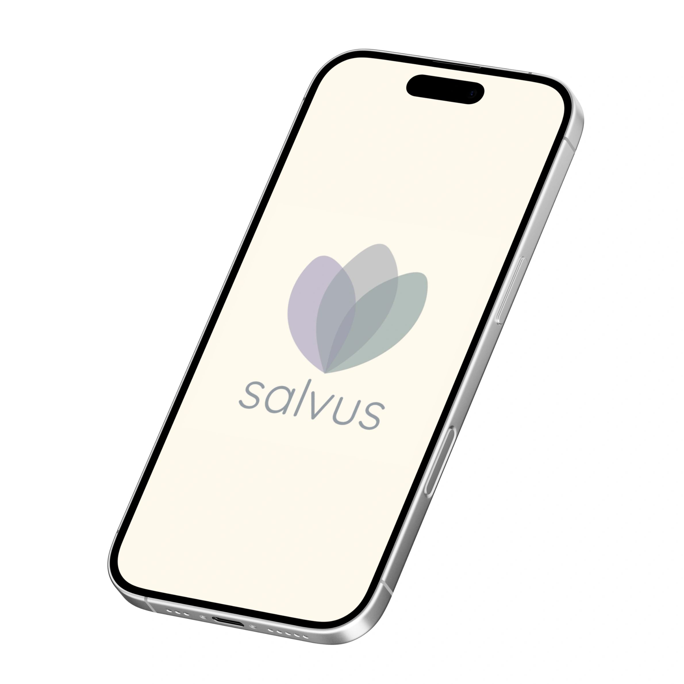 Close-up of smartphone with 'salvus' logo on screen