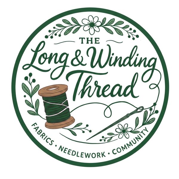 Logo for The Long &amp; Winding Thread sewing community with needle, thread, and floral design.