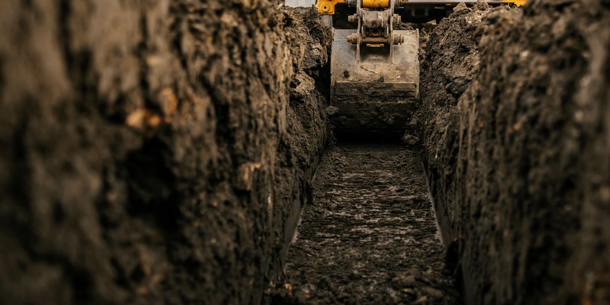 Excavator digging open trench for water and sewer line replacement in Pierce County WA