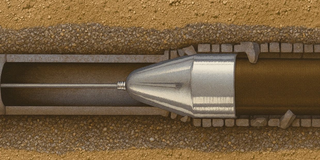 Trenchless pipe bursting head replacing old sewer line with new pipe underground without digging
