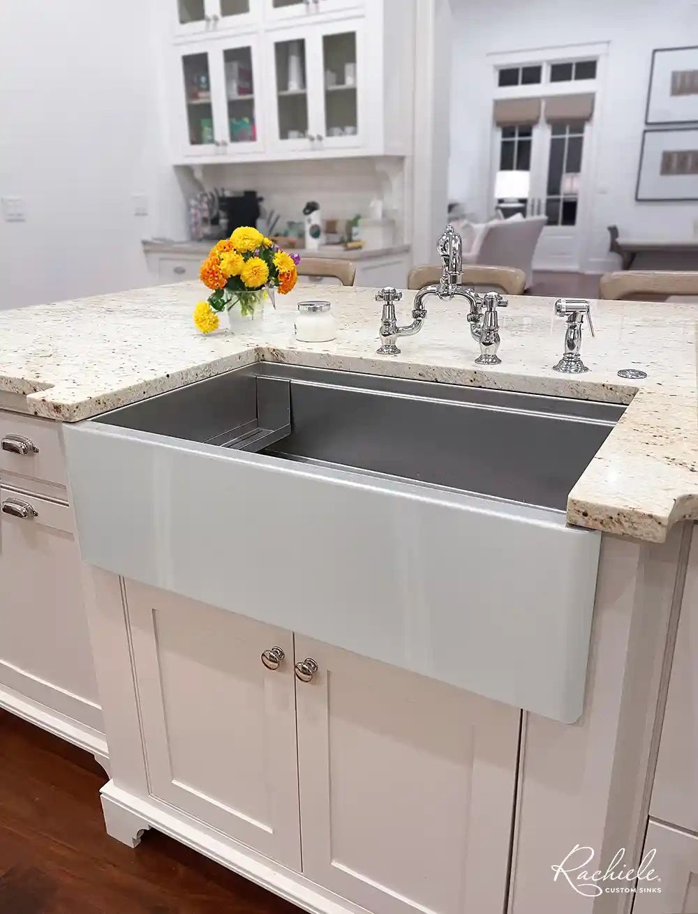 white front on stainless sink