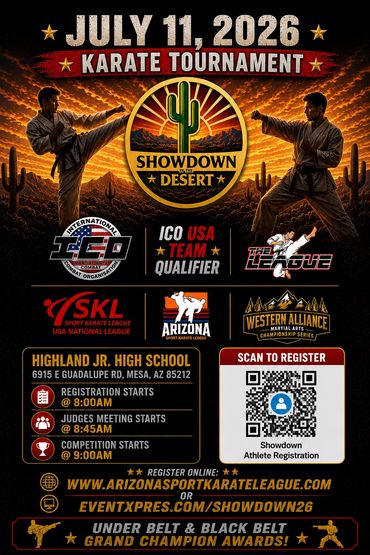 Promotional poster for a July 2026 desert karate tournament with registration details.