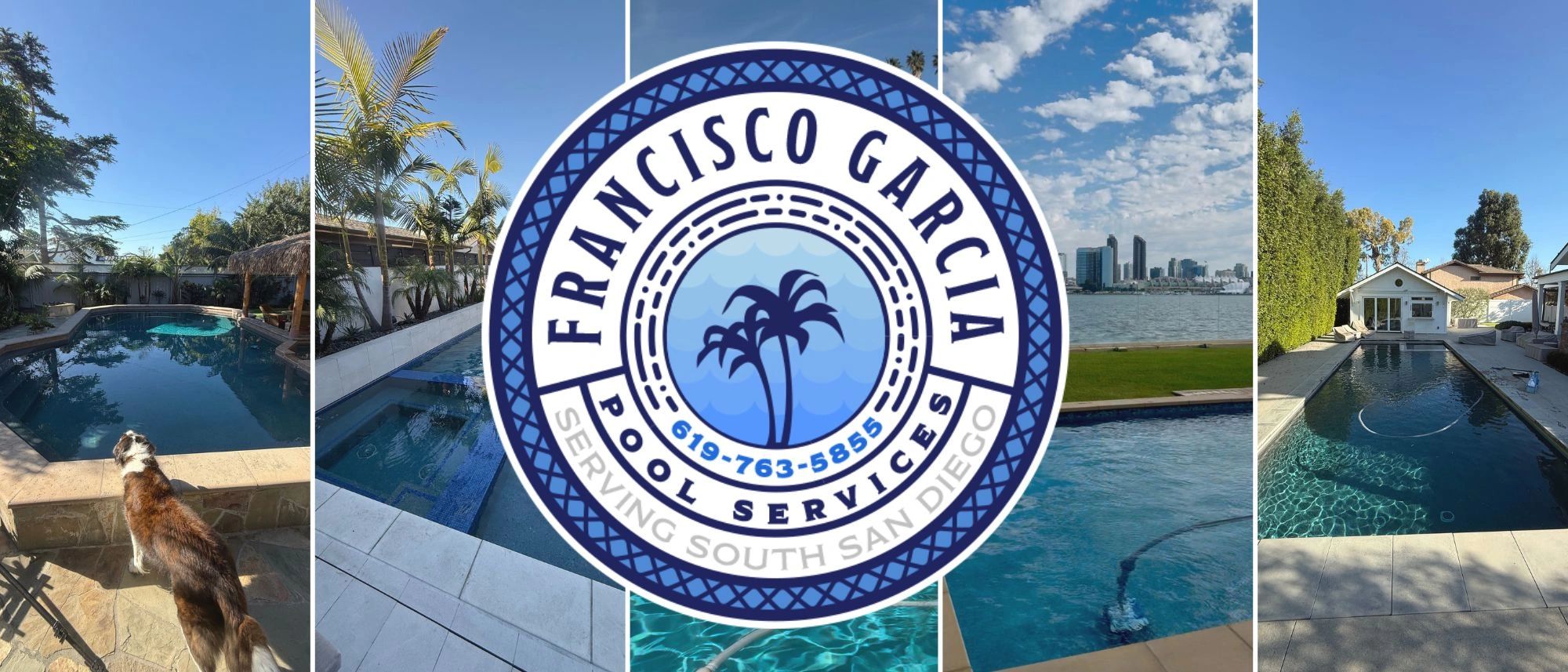 A collage of pristine swimming pools with a central logo for Francisco Garcia Pool Services.
