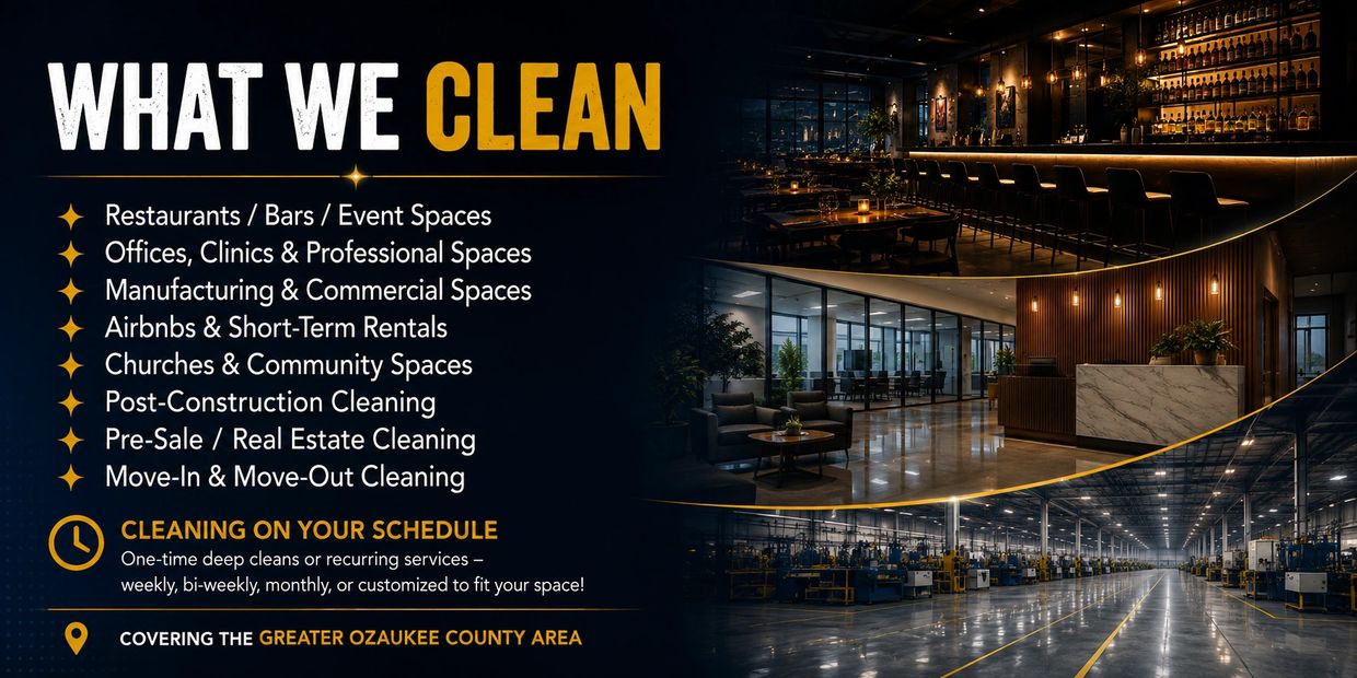 List of cleaning services offered for various commercial and community spaces.