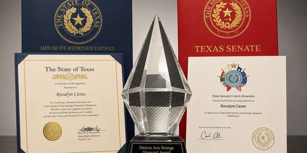 Awards and certificates from the State of Texas recognizing Rosalyn Casas.