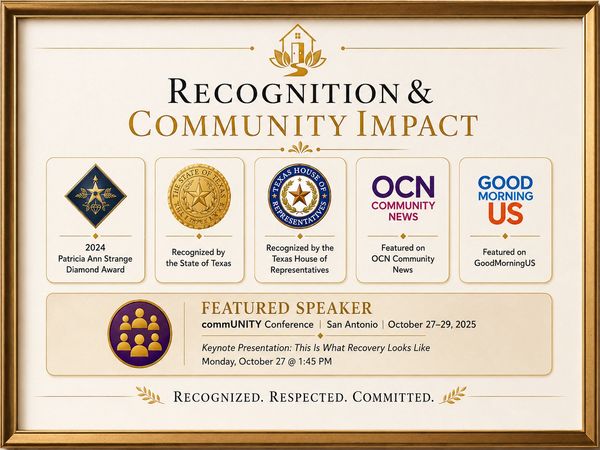 Recognition and community impact awards and speaking engagement announcement.