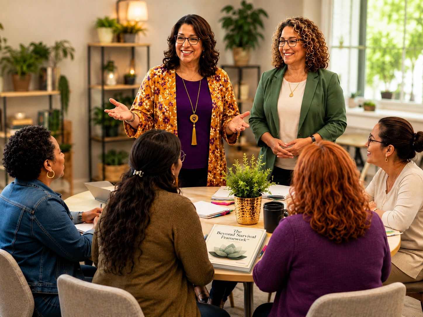 Women engaged in a positive group discussion around a table.